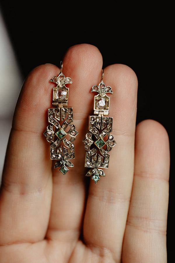 Antique Art Nouveau Emerald and Rose Cut Diamond Earrings - Pretty Different Shop