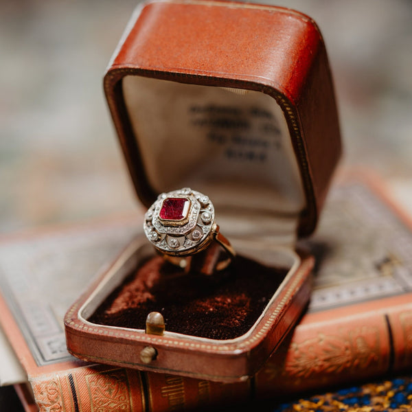 Antique Edwardian Platinum Diamond and Natural Ruby Ring