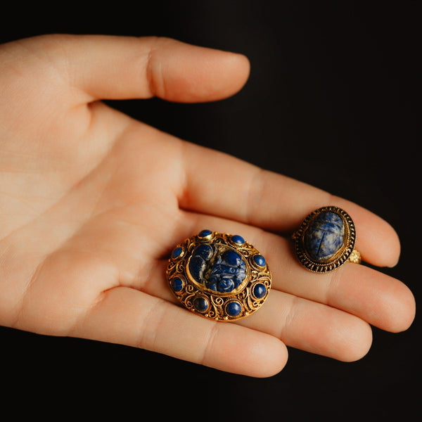 UNISEX Vintage Egyptomania Lapis Lazuli Scarab Ring and Brooch Set
