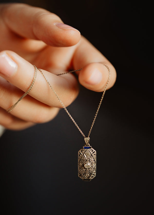 Art Deco Sapphire Diamond Pendant with Chain - Pretty Different Shop