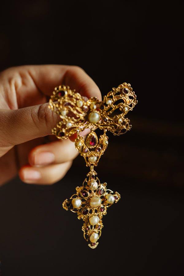 Antique Italian Cross Necklace, Georgian Rococo Corsage Jewelry, circa 1700s - Pretty Different Shop