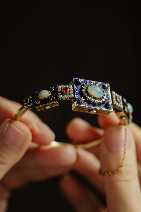 Antique French BLUE ENAMEL Opal, Diamond and Ruby Bracelet - Pretty Different Shop