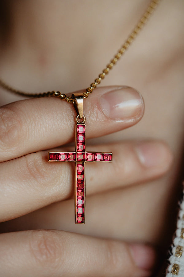 Vintage Art Deco Solid 14k Gold Calibrated Ruby Ruby Cross Pendant - Pretty Different Shop