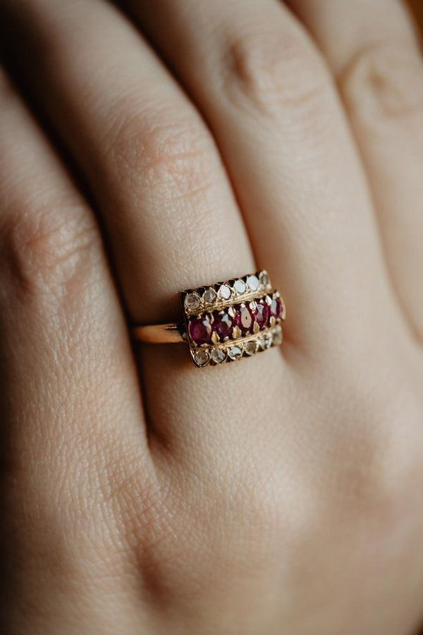 Natural Ruby and Fancy Rose Cut Diamond Panel Ring - Pretty Different Shop