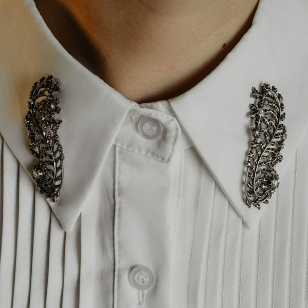 Set of 2 Silver Feather Brooches set with Rose Cut Diamonds