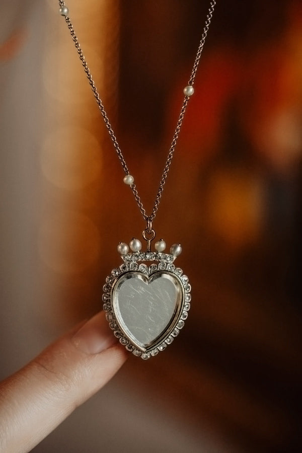 Antique Diamond Flaming or Crowned Heart Locket Necklace - Pretty Different Shop