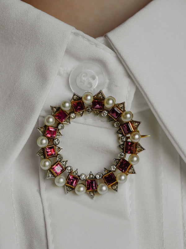 Art Deco Natural Diamond and Ruby Geometric Brooch - Pretty Different Shop