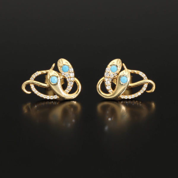 Artisan Diamond and Turquoise Encrusted Gemstone Snake Stud Earrings