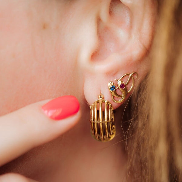 Artisan Handmade Ruby and Sapphire Gemstone Snake Earrings