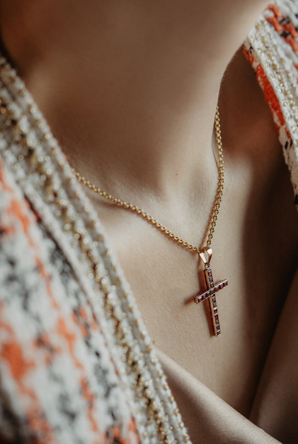 Vintage Art Deco Solid 14k Gold Calibrated Ruby Ruby Cross Pendant - Pretty Different Shop