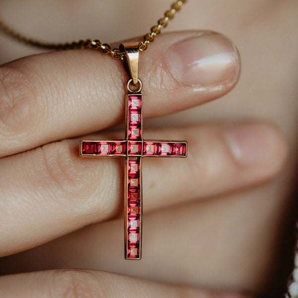 Vintage Art Deco Solid 14k Gold Calibrated Ruby Ruby Cross Pendant