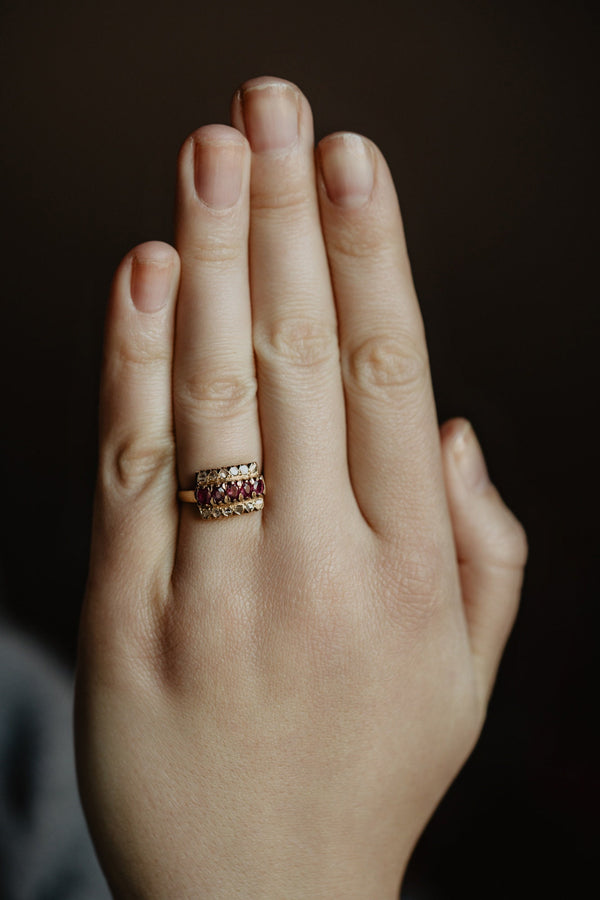 Natural Ruby and Fancy Rose Cut Diamond Panel Ring - Pretty Different Shop