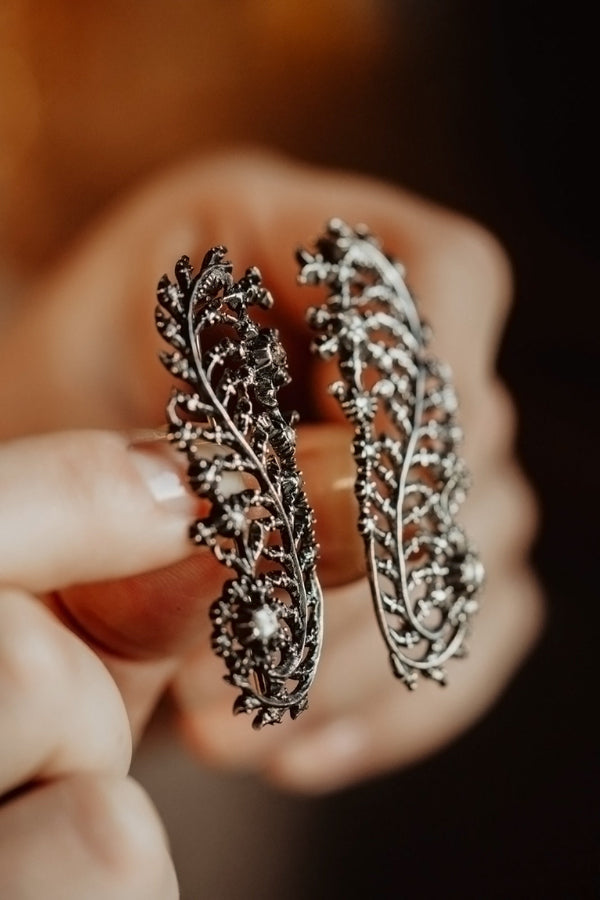 Set of 2 Silver Feather Brooches set with Rose Cut Diamonds - Pretty Different Shop