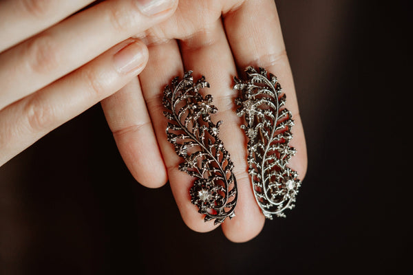 Set of 2 Silver Feather Brooches set with Rose Cut Diamonds - Pretty Different Shop
