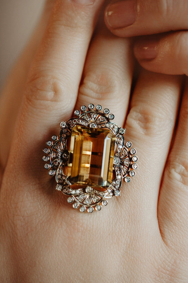 Antique HUGE 27CT Citrine and Diamond Ring - Pretty Different Shop