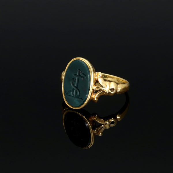 Antique Intaglio Signet Seal Ring with Faith Symbol: Cross Dove and Snake - Pretty Different Shop