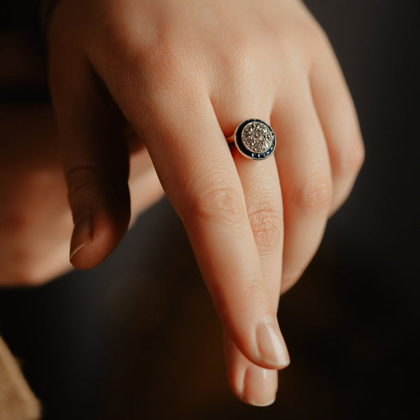 French Vintage Art Deco 0.7CT Old Mine Cut Diamond and Sapphire Platinum Ring