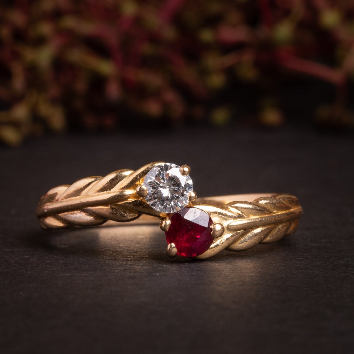 Vintage French Gold Toi et Moi Diamond and Ruby Ring