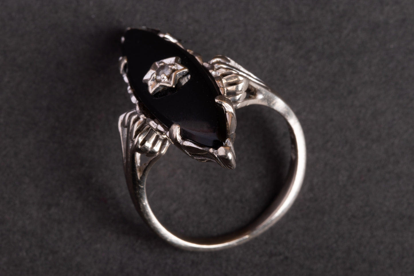 1940s Art Deco Navette Onyx and Diamond Ring - Pretty Different Shop